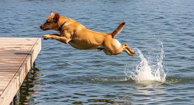 Energetic brown dog jumping off a wooden dock into the water.