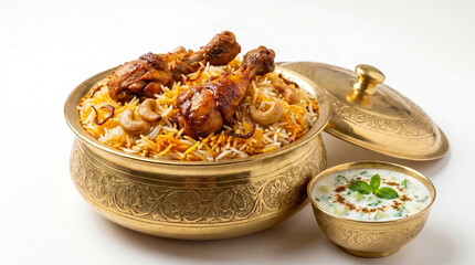 Delicious chicken biryani in a golden dish with raita on the side isolated on white background © Food Shop