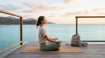 Fototapeta premium Young Woman Meditating in Lotus Pose on Wooden Deck Overlooking Tropical Ocean at Sunset