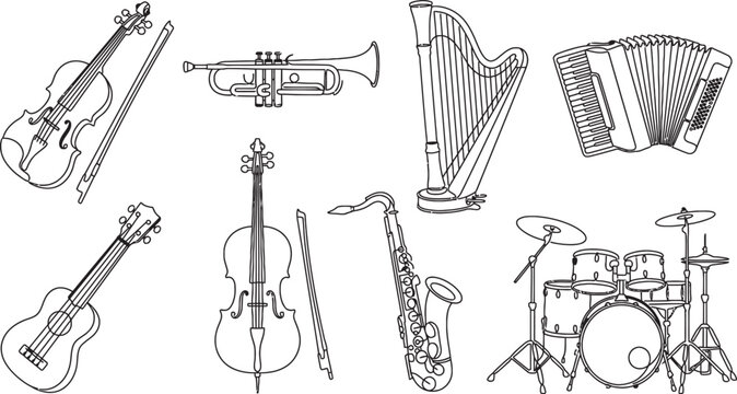 A collection of handdrawn line art illustrations of various musical instruments on a white background
