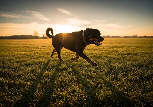 A Rottweiler dog running across a grassy field during a beautiful sunset.