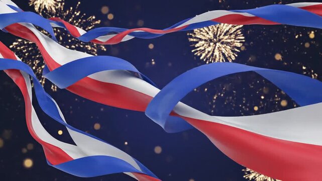 French National Day Celebration with Tricolor Ribbons and Fireworks