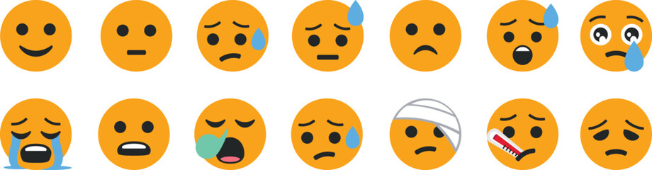 Set of sad emoji faces showing stress, fear, sickness, crying and anxiety for mental health concepts. Flat cartoon emoticons on gray background. Vector mood icons for social media design. © Parul
