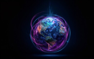 Digital Earth surrounded by vibrant neon circuits symbolizing global © joeycheung