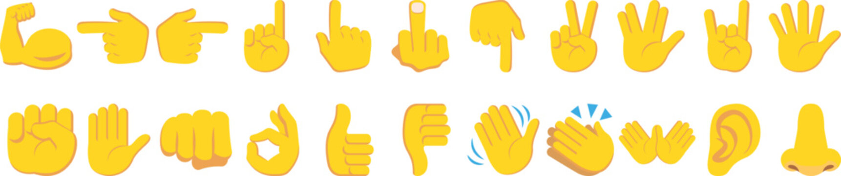 Collection of hand gesture emoji icons featuring pointing, thumbs up, fist, peace sign and waving symbols for communication. Flat cartoon hand emoticons isolated on gray background. Vector reaction 