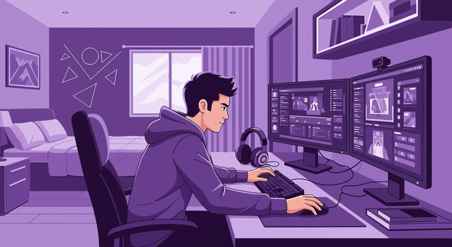 Digital artist creating stunning visuals in a monochromatic purple workspace with dual monitors