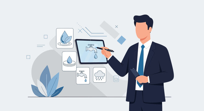 Digital water resource management explained with illustrations on a touch screen device