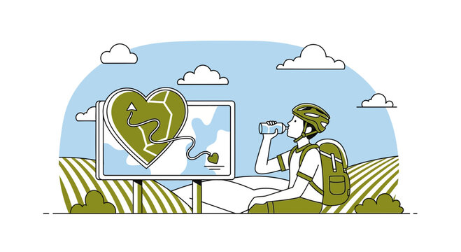 Cyclist drinks water in a field with a heart-shaped map showing a route and heart rate
