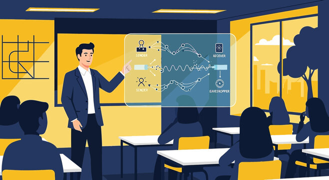 Cybersecurity Training Session in Modern Classroom with Data Flow Visualization