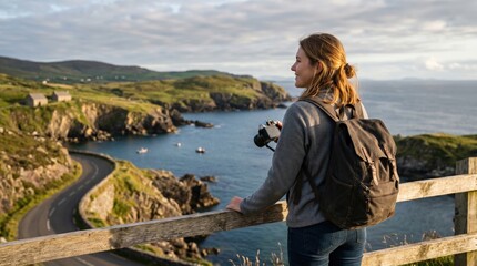 Fototapeta premium Young woman photographer with backpack standing by coastal road overlooking ocean bay