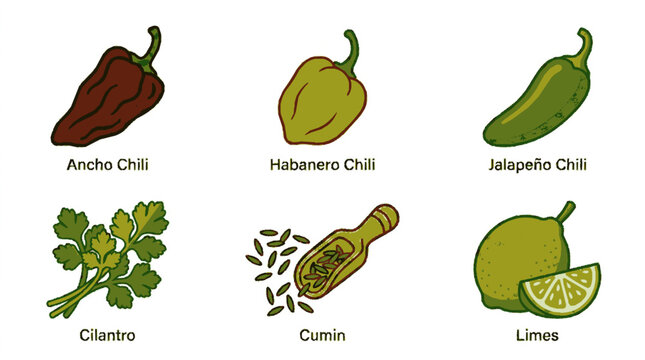 Vibrant vector icons featuring ancho habanero jalapeo chilies cilantro cumin and limes for mexican cuisine