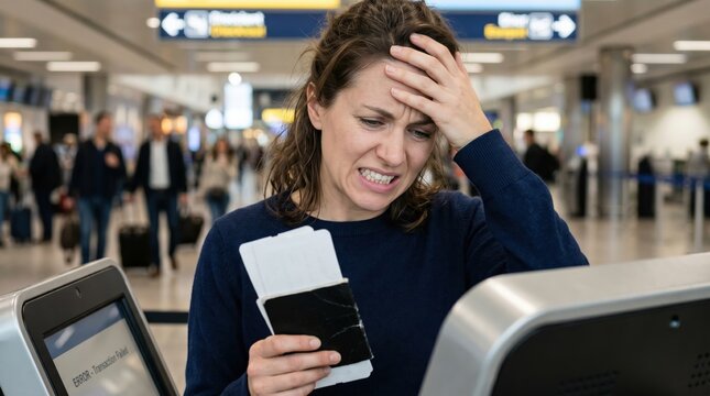 Stressed woman experiencing airport kiosk check-in error with passport and boarding pass