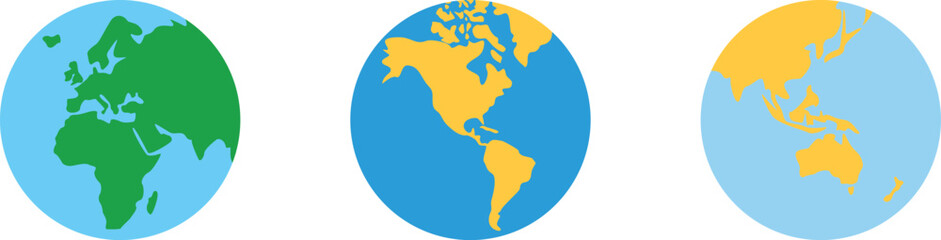 Global world map icons featuring Europe Africa Asia, North and South America, and Australia Pacific regions in flat vector style. Modern earth globe illustration set with colorful continents and ocean © Parul