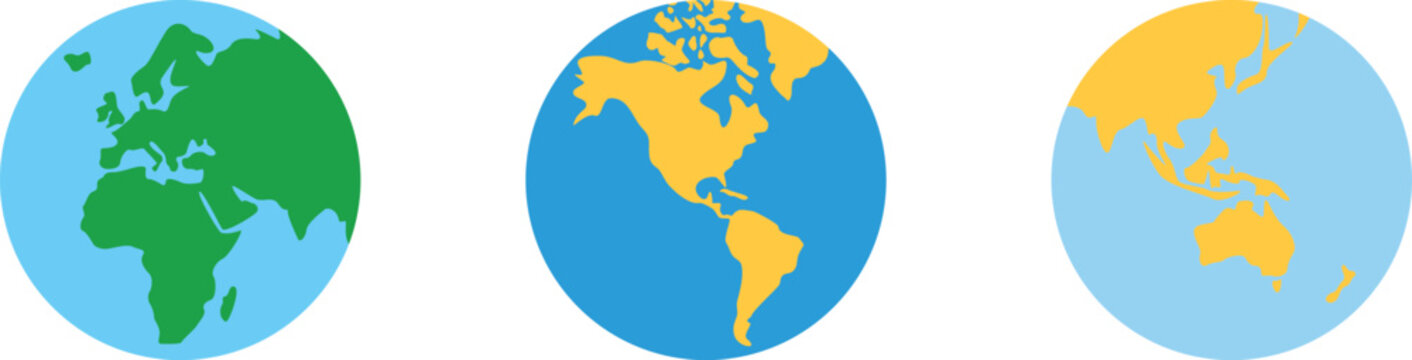 Global world map icons featuring Europe Africa Asia, North and South America, and Australia Pacific regions in flat vector style. Modern earth globe illustration set with colorful continents and ocean