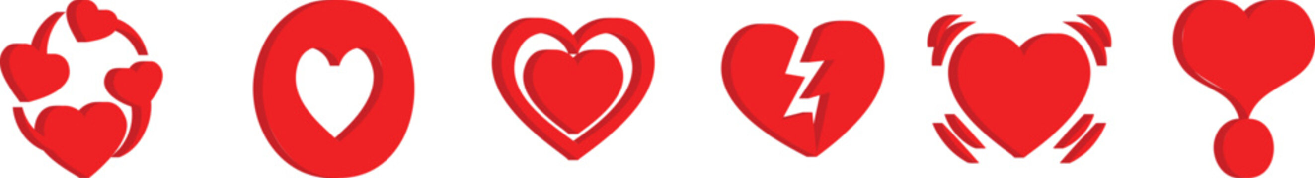 Romantic red heart icon collection featuring love symbols, broken heart, heartbeat motion, heart target, and relationship concepts in modern flat vector style. Creative valentine illustration set perf