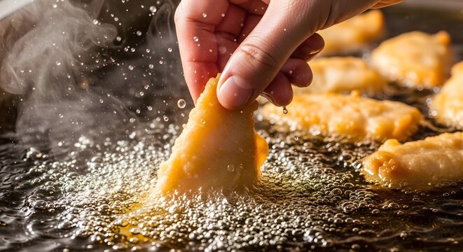 Close-up of a hand placing a piece of food into hot oil for deep frying.