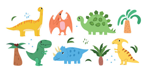 Vector set of cute dinosaur characters including T-Rex, Triceratops, and Stegosaurus with tropical palm trees. A playful collection in Scandinavian and nursery styles, perfect for children's room deco © Oksana