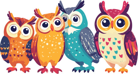 Obraz premium Cute cartoon owl family vector illustration, colorful group of four owls with big eyes, whimsical bird characters for nursery decor and children's books
