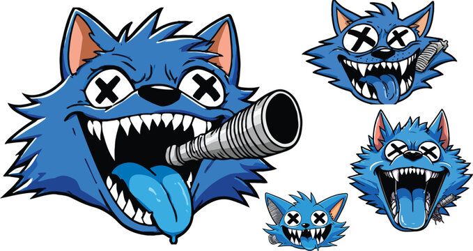 Edgy blue wolf cartoon mascot set, aggressive street wear wolf head with baseball bat, crazy wolf character with cross eyes and sharp teeth