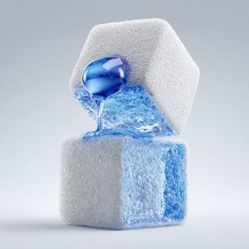Abstract representation of liquid dissolving a solid cube.
