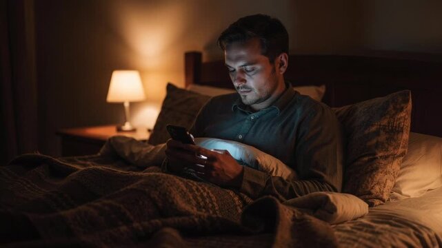 Man lying awake in bed late at night illuminated by phone glow anxious and sleepless lifestyle
