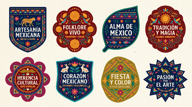Eight vibrant mexican inspired vector labels featuring bold colors intricate patterns and cultural themes