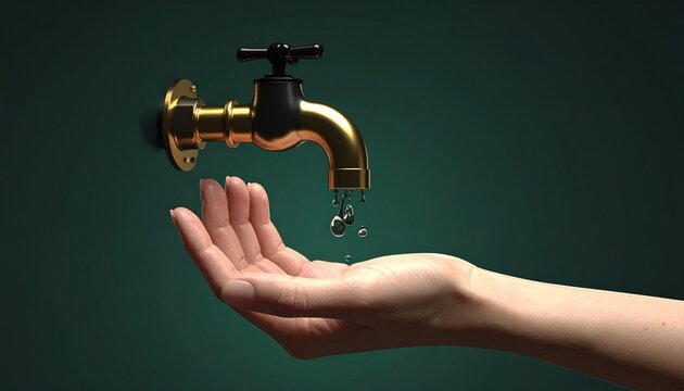 Golden faucet dripping precious water into an open hand, a poignant visual representation of water conservation's urgency and resource scarcity