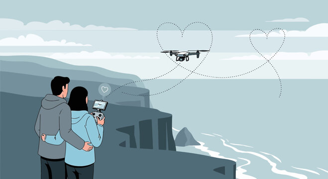Couple Watching Drone Fly Heart Shape Over Ocean Coastline