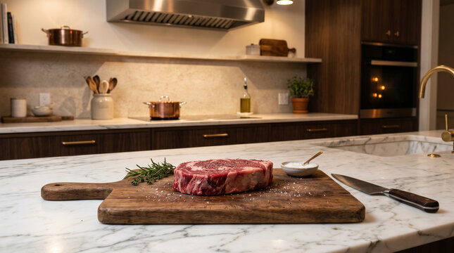 fresh raw steak on a wooden cutting board inside a luxury kitchen, spotless marble counter, warm ambient lighting, minimalist elegant design, no people, photorealistic.