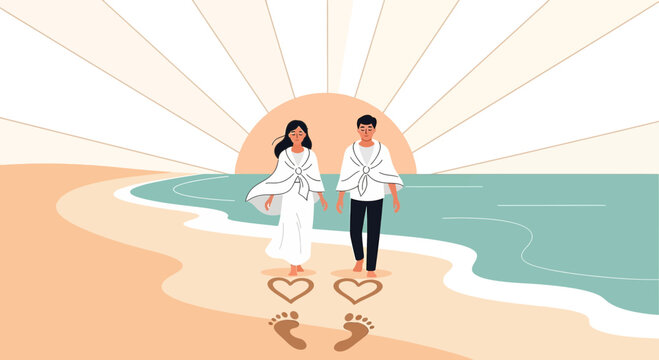 Couple walking on beach at sunset, footprints forming hearts