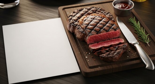 Grilled steak with blank paper mockup, ideal for restaurant advertising and menu design concepts.
