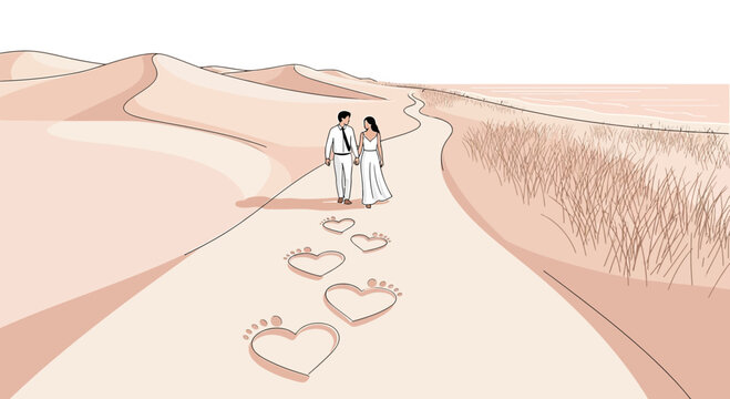 Couple Walking on Desert Path with Heart Footprints, Ocean Horizon