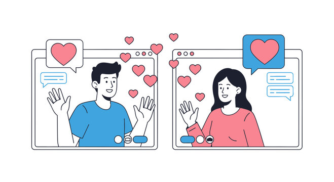 Couple Video Call Love Hearts Illustration - Long Distance Relationship Concept
