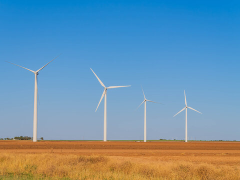 Four white wind turbines stand in a dry field under a clear sky.