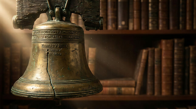 Detailed bronze replica of the Liberty Bell with intricate carvings displayed in a library setting