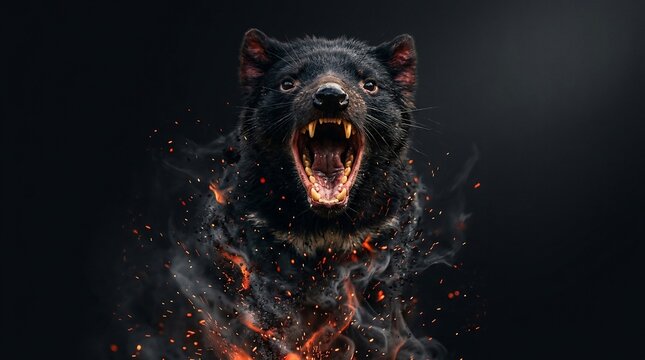 Fierce Tasmanian Devil emerging from fiery smoke and embers.