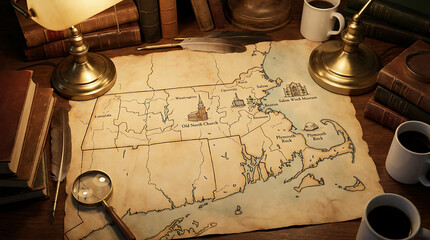 Fototapeta premium Vintage map of Massachusetts showcasing historical landmarks and geographical details