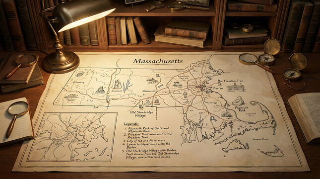 Vintage Map of Massachusetts showcasing historical settlements and geography, displayed on a study desk with books and lamp
