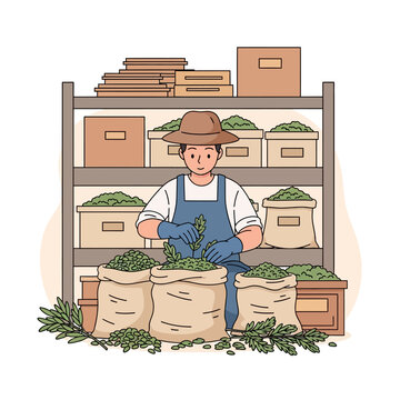 Farmer sorting herbs in sacks at a storage facility.