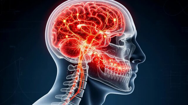 Detailed glowing animation of human brain and nervous system showing neural activity and connections