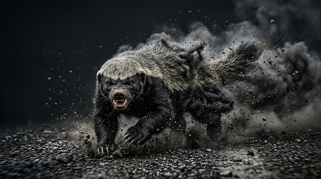 Aggressive honey badger charging forward in dust cloud.
