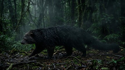 Obraz premium Binturong walking through the dense tropical rainforest floor.