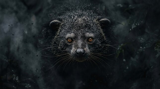 Binturong bear cat staring from the dark shadows of the jungle.