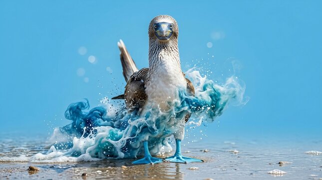 Blue-footed booby bird trapped in plastic ocean pollution.