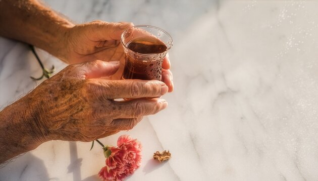 Elderly hands holding traditional Turkish tea glass on marble table with carnation and copy space right