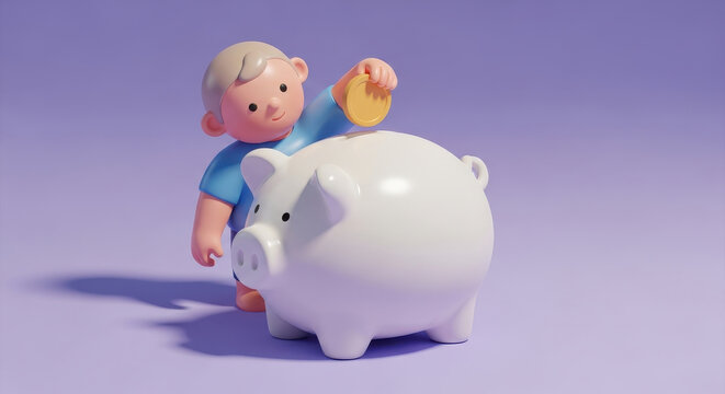 Child putting coin into piggy bank symbolizing saving money financial education and future planning concept