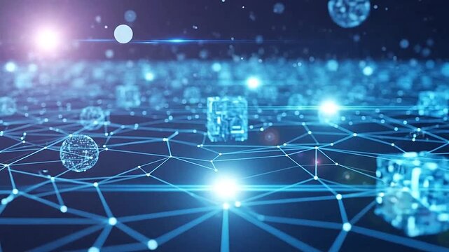 Abstract digital network of glowing spheres and cubes connected by lines