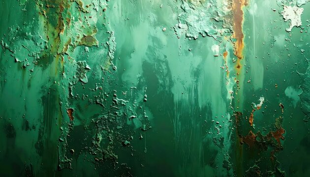 Close-up of Oxidized Green Metal Surface with Rust Streaks.
