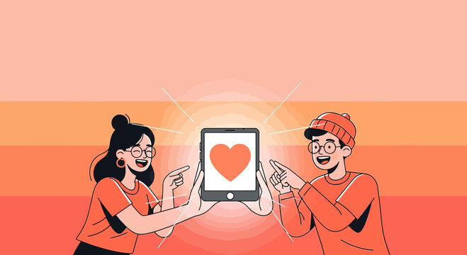 Couple Sharing Love Heart on Tablet Screen - Digital Connection & Romance Illustration