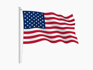 Obraz premium Waving American Flag on a White Background with a Metal Pole usa flag stars and stripes